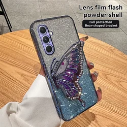 Glitter Butterfly 3D Liquid Sand Phone Holder Case for Samsung A15 (Blue with Holder)