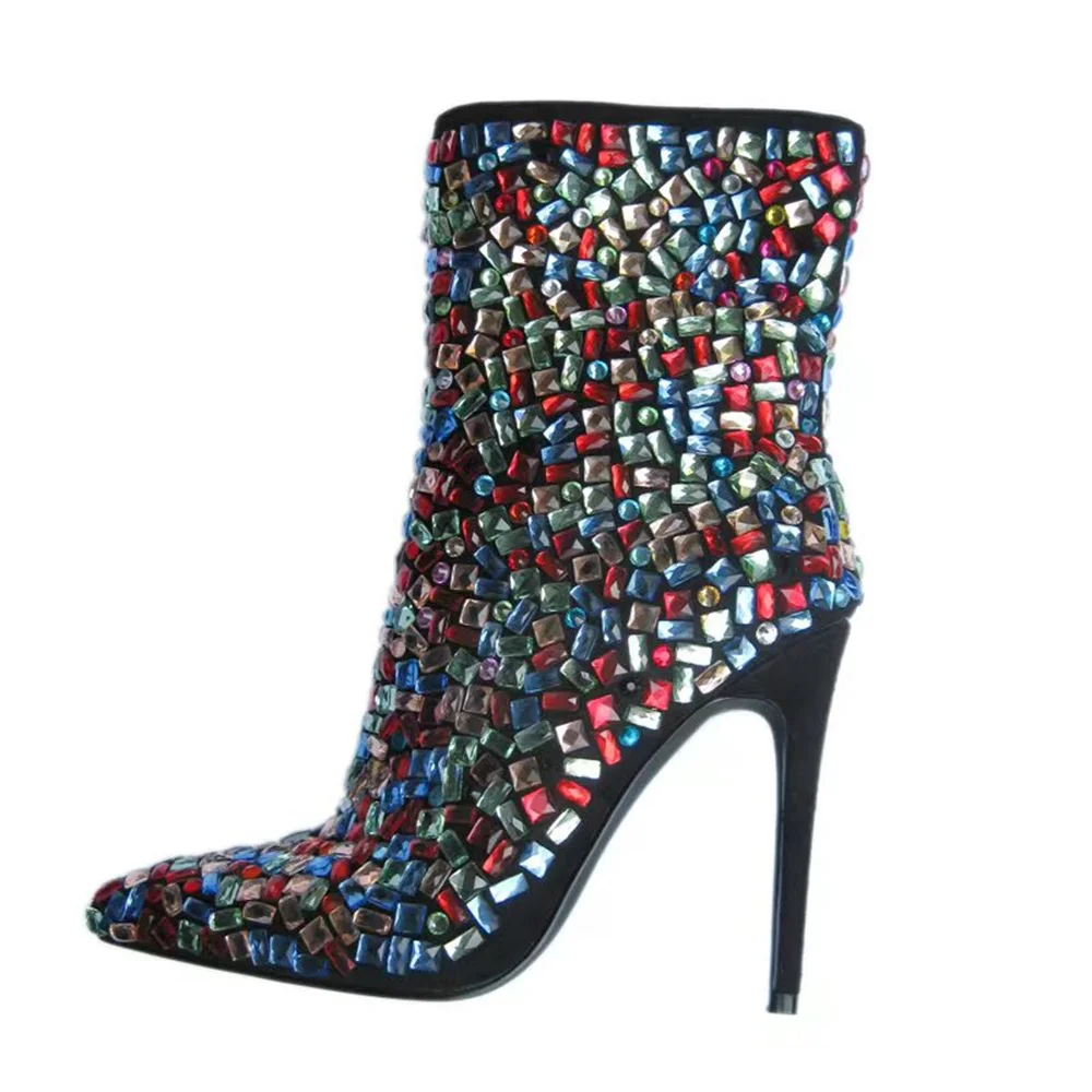 

2023 Spring/Autumn Fashion New Women's High Stiletto Heel Pointed Toe Zipper Ankle Boot Catwalk shows With Diamond/Rhinestone