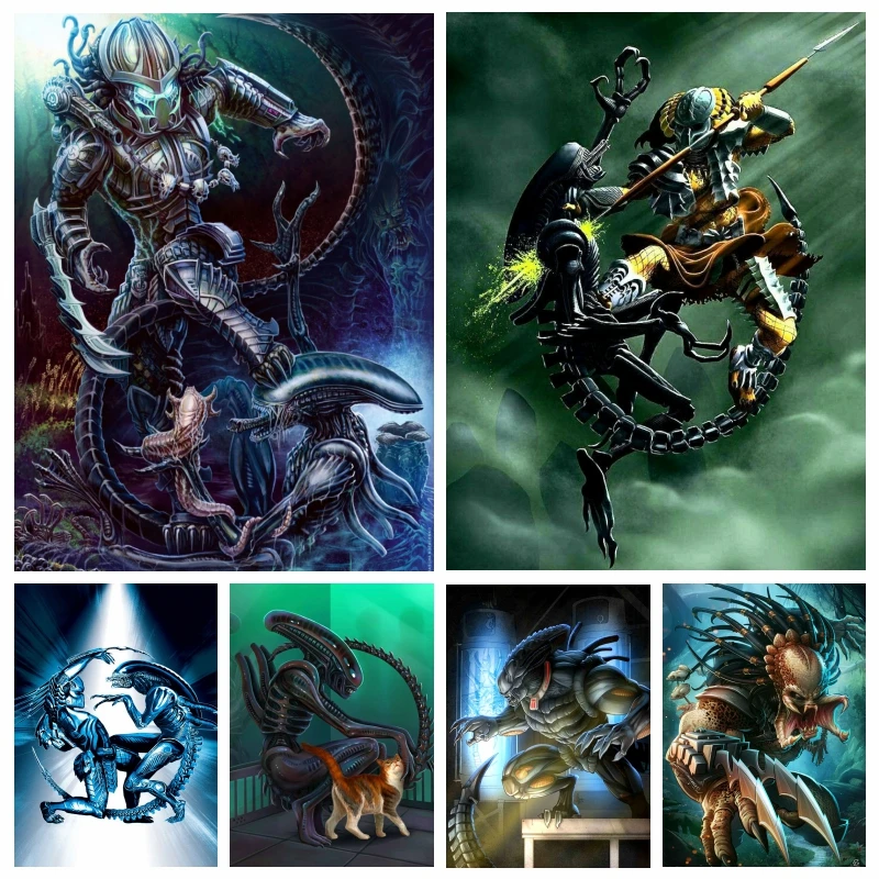 

5d Alien Vs Predator Fantasy Art AB Diamond Painting Horror Movie Series Cross Stitch Full Drills Mosaic Beads Home Decor