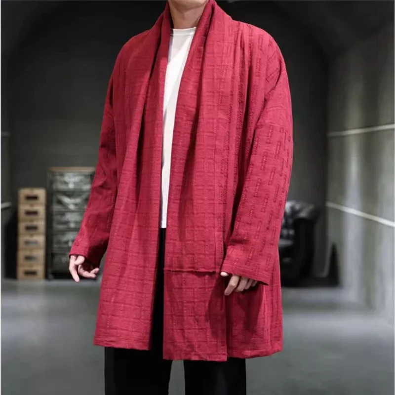레트로 파일 칼라 긴팔 한푸 남성용 가디건, 중국 스타일, 전통 당나라 망토, 루즈 리넨 코트, 4 색