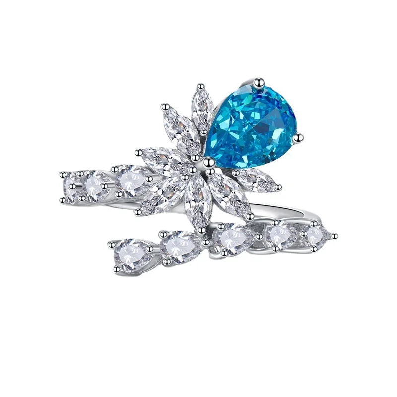 

2023 New 7 * 10 Pear shaped Sea Blue Diamond High Carbon S925 Silver Ring European and American Platinum