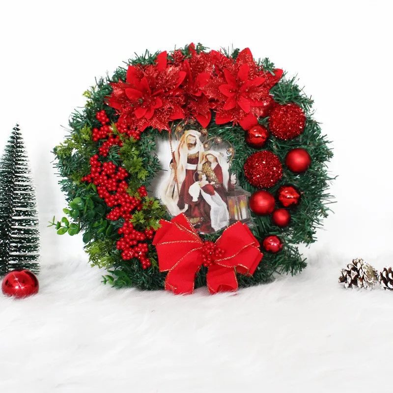 Corona de puerta con lámpara, corona para puerta de entrada, adornos navideños, guirnalda de flores con patrón de Jesús rojo, decoraciones navideñas 2024