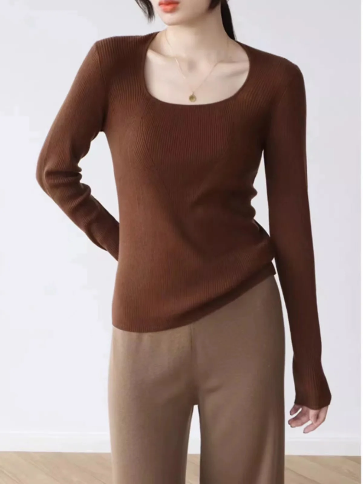 

Winter Autumn Long Sleeve Knitted Sweater Pullovers Girls Square Collar Tops Jumpers Women Base Jumper Slim Knitwear