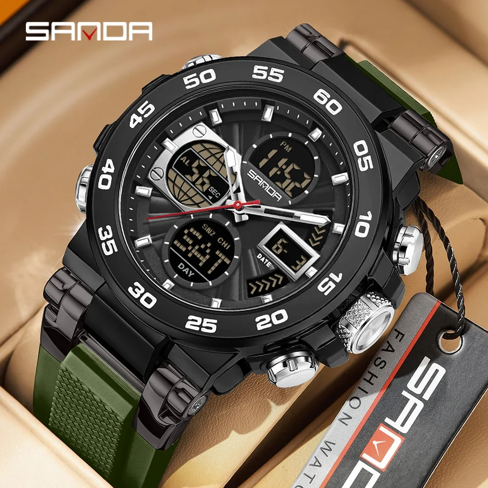 SANDA 6312 Fashion Popular Men's Watch Multi functional Large Dial Waterproof Electronic Quartz Watch Dual Display Student Watch