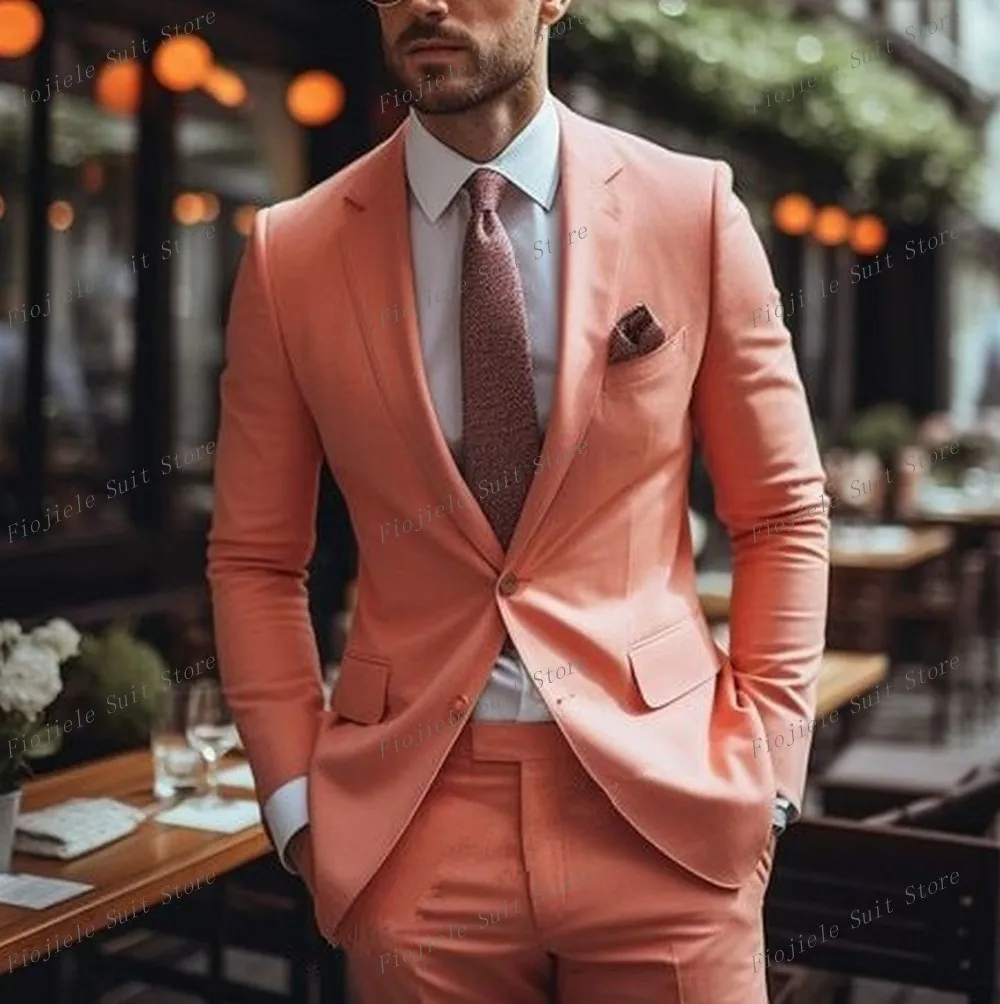 Coral Red Groom Groomsman Wedding Party Prom Men Formal Occasion Tuxedos Male Business Suit 2 Piece Set Blazer Pants