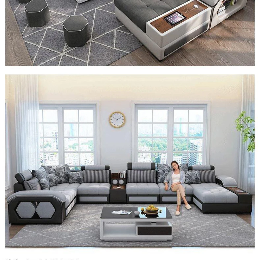 U‑Shaped Modern Fabric Sectional Sofa with Storage & Built‑In Table 1