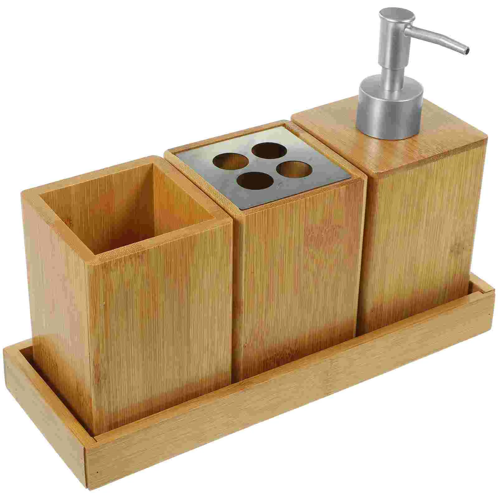 

Bamboo Bath Set Soap Dispenser With Pump Shampoo Container And Conditioner Shower Toothbrushes Bamboo Bathroom Accessories Set