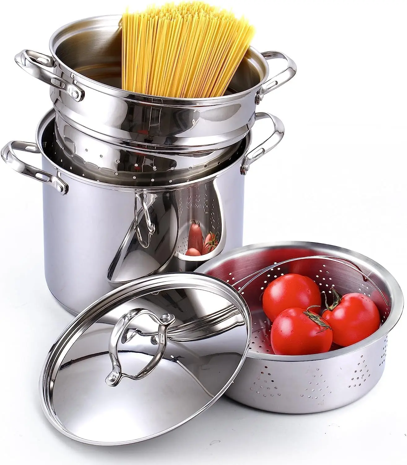 Pasta Pot 18/10 Stainless Steel 12 Quart Spaghetti Cooker Steamer Stock Pot Multipots with Strainer Insert 4-Piece Set