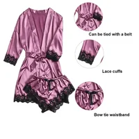 Women's Summer Sexy Pajama Pants Set 4 Pieces Lace Satin With Silk Sleepwear Robe Fashion And Comfortable Nightwear - Image 4
