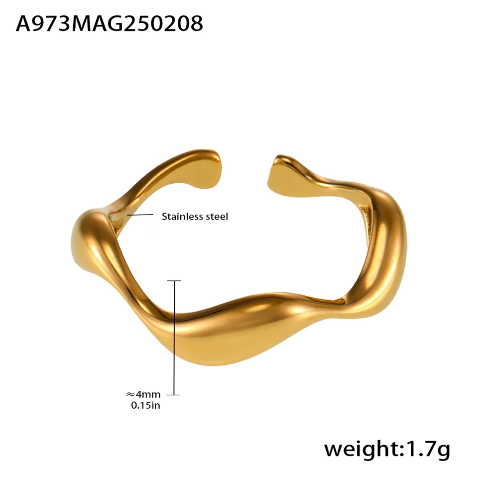 Unregelmäßige Wellenform, einfache Ringe aus Edelstahl für Frauen, 18 Karat vergoldet, wasserdicht, minimalistischer, ästhetischer, offener Ring für Damen – Detail 1