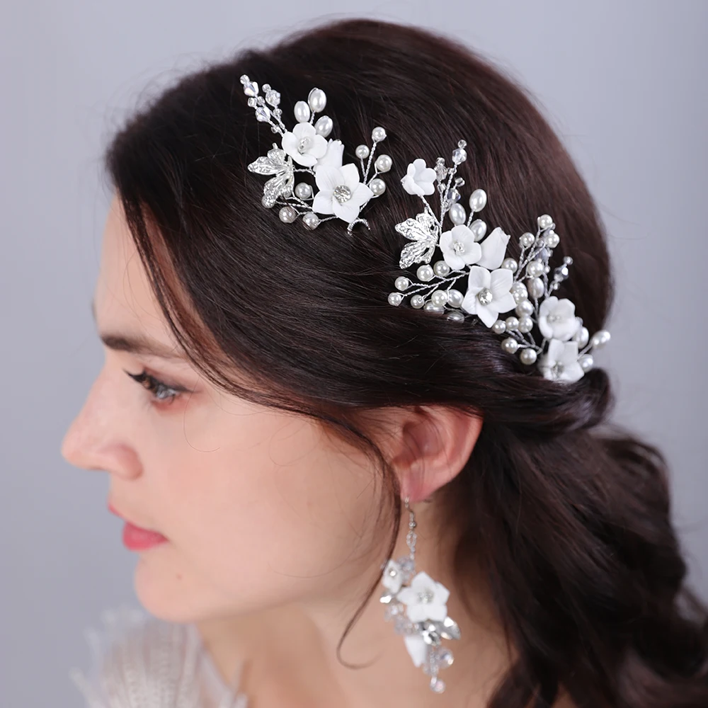 Flower Rhinestone Bridal Hairpins Earring Pearl Crystal Wedding Hair Accessories Women Head Jewelry Party Headpiece Tiaras