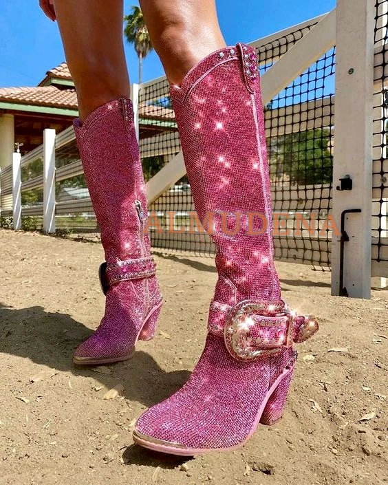 Botas de vaquero con diamantes de para mujer, de diseño ostentosos, hasta la rodilla, tacón grueso, hebilla de | - AliExpress