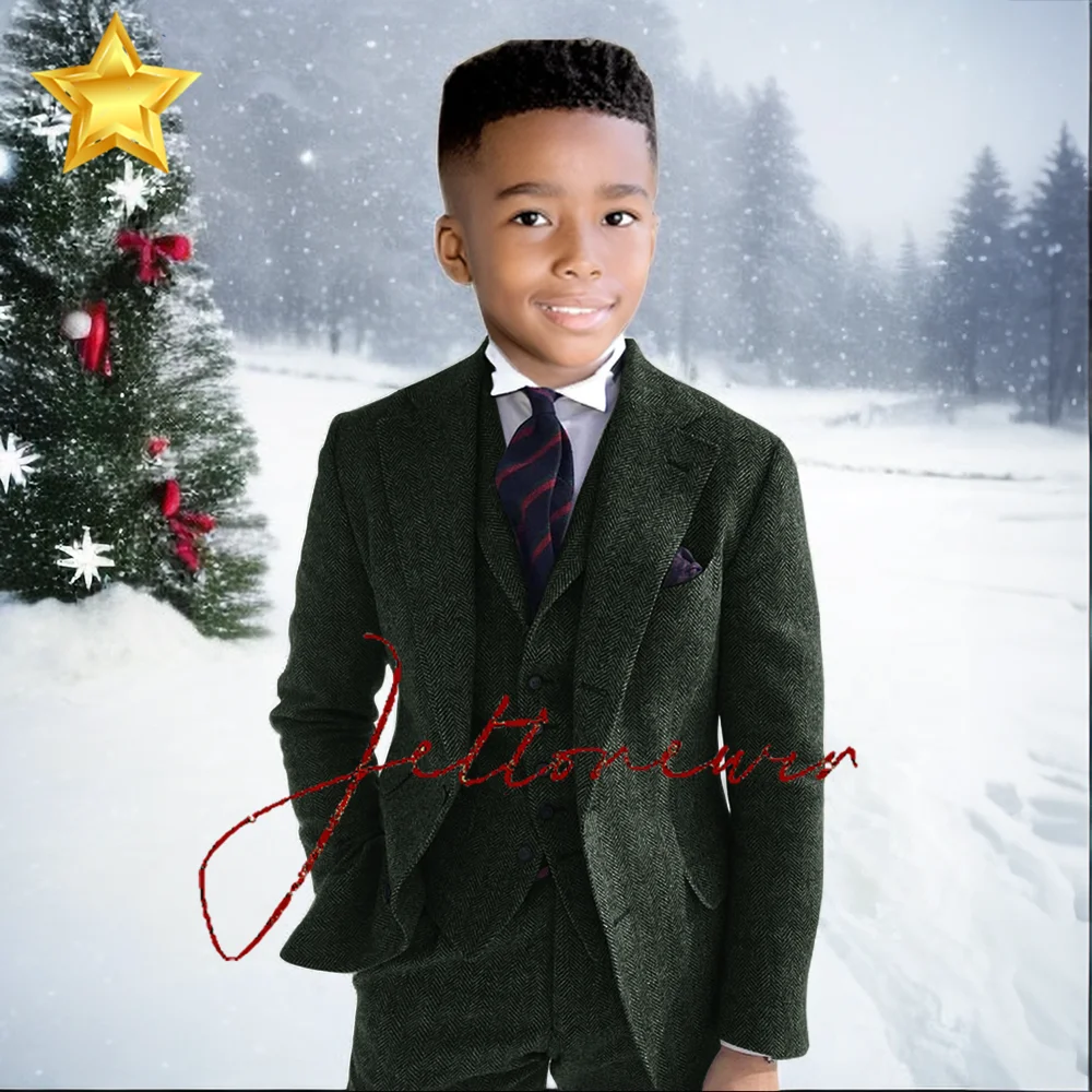 Gray Wool Tweed Winter Boy Suit's For Wedding Formal KidsTuxedo Herringbone Child Fashion 3 Piece (Jacket +Vest +Pants）