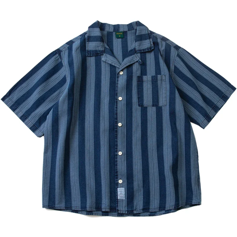 New Arrival Japanese Antique Indigo Stripe Loose Fit Cityboy Cuban Collar Short Sleeve Shirt Summer Men American Leisure 112cm auto open antique anti thunder fiberglass business windproof stripe coating 5 times umbrella waterpoof check parasol