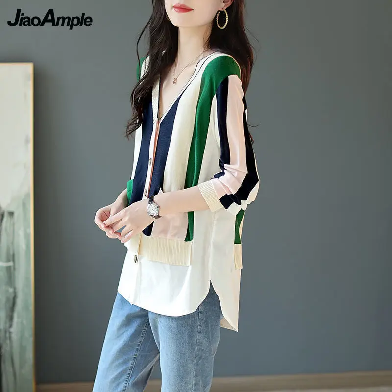 2024 Spring New Loose Striped Shirt Top Women's Fashion V-Neck Fake Two-piece Knitted Cardigan Korean Elegant Casual Blouse blouses color block button drawstring fake two piece blouse dark grey in gray size m s xl