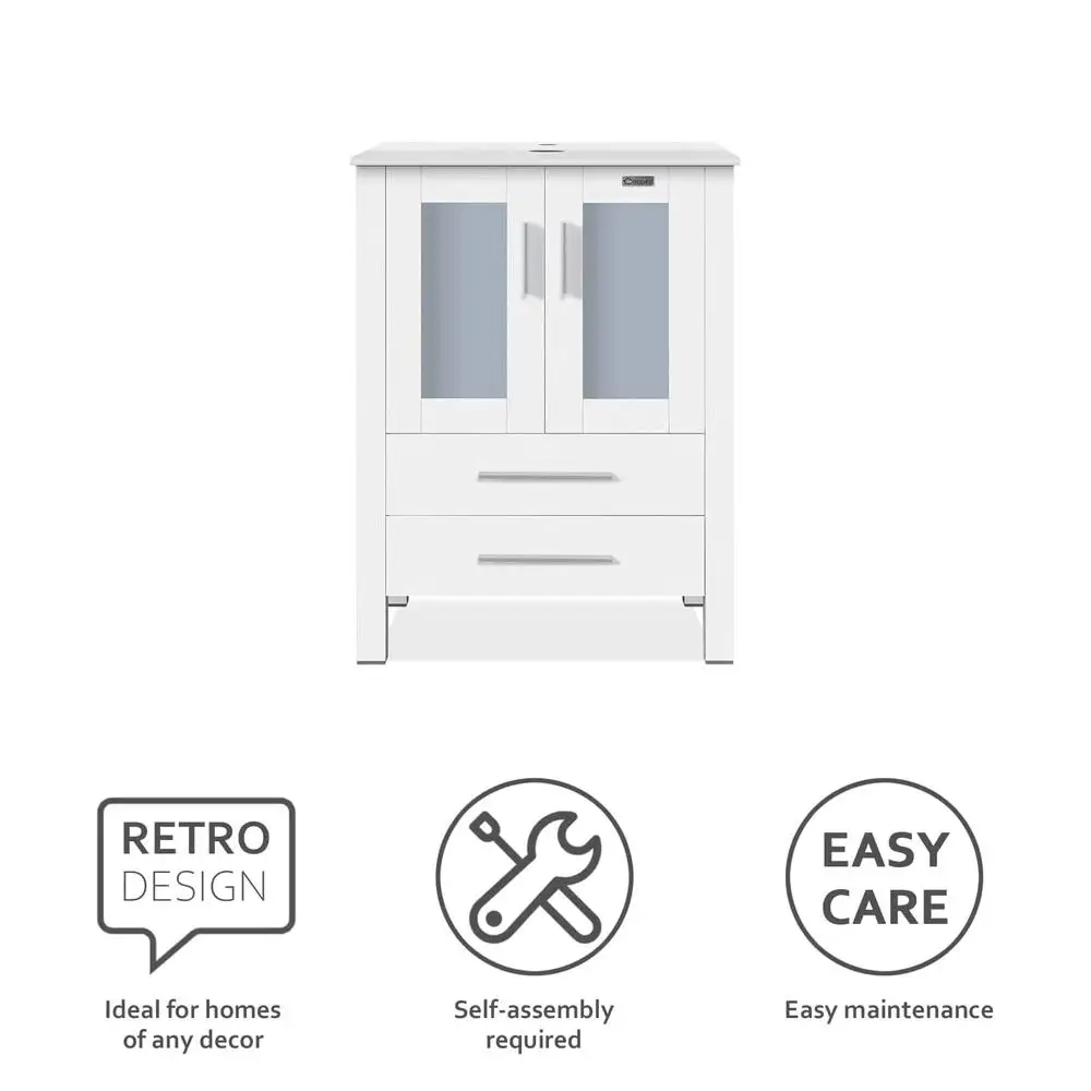 White Stand Cabinet Bathroom Vanity Sink Combo with Blue Boat Glass Vessel Sink & Water-Save Faucet Spacious Storage 5