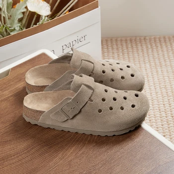 Zoccoli in vera pelle scamosciata per donna Uomo Zoccoli Morbida schienale in sughero Ciabatte Comfort Scarpe da patate con supporto per l'arco plantare Pantofole da spiaggia 1