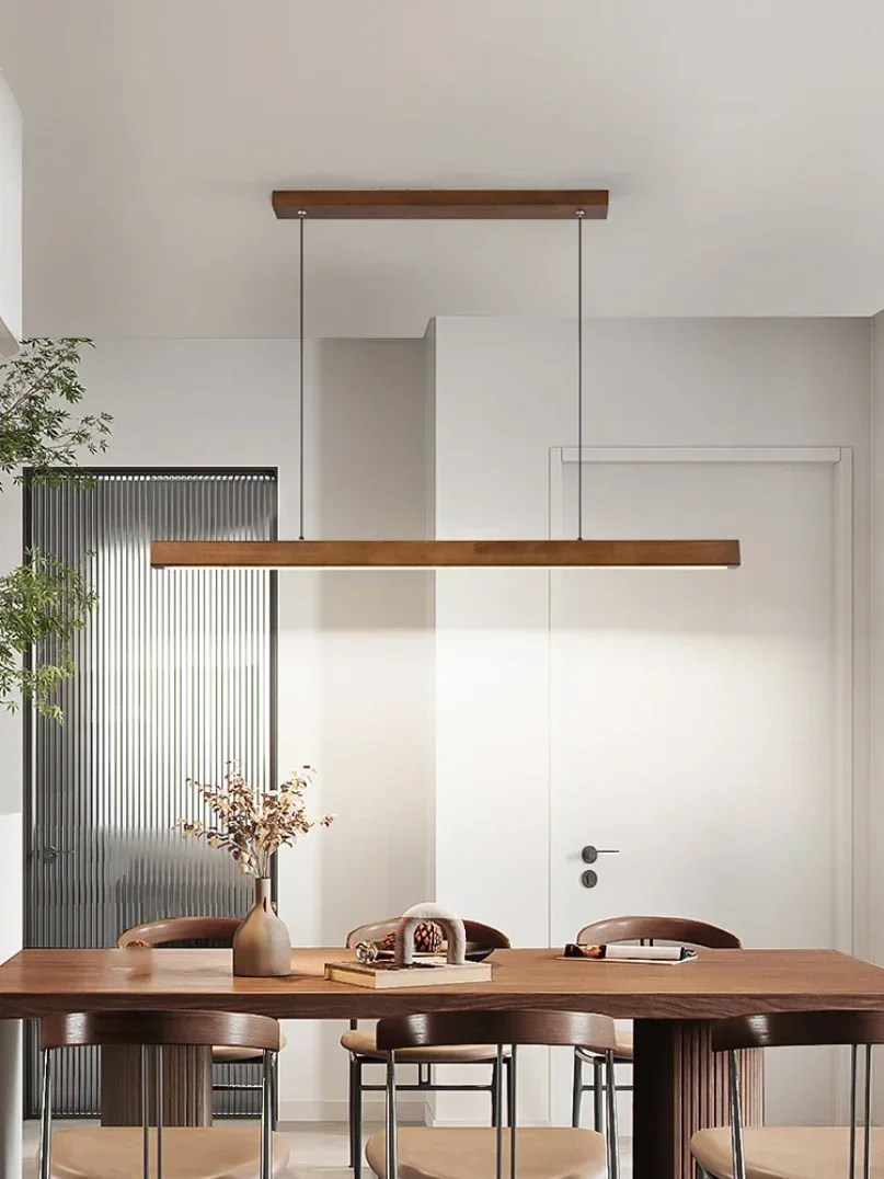 Minimalist Dining Room Pendant Lamp Silent Wind Wood Long Strip Chandelier For Kitchen Table Bar Walnut Color Modern Led Lights
