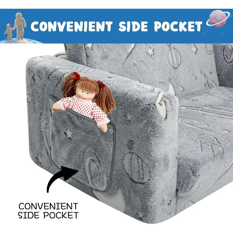 Kids Couch Toddler Chair Kids Sofa Extra Wide Glow in The Dark Baby Convertible Sofa ,Foldable Toddler Bed for Kids Girls Boys 4