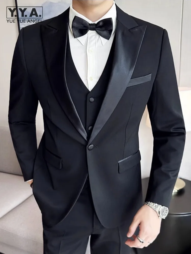 

British Style Men Wedding Grooms Black Suits Sets Fashion Banquet Jacket Vest Pants New Fashion Business Formal Three Piece Set