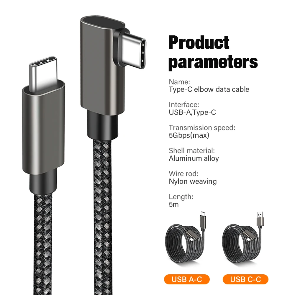 Versatile 5M Elbow USB 3 Charging and Data Cable - USB Type A/C to C