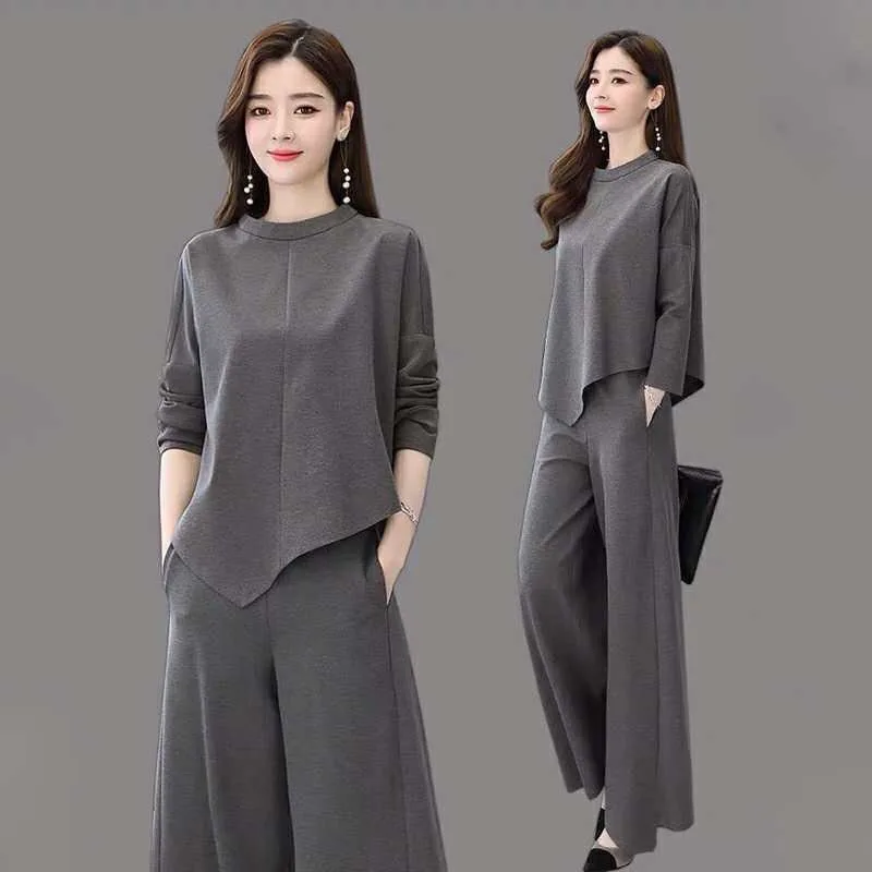 Suit 2023 Autumn New Women Loose Casual Temperament Pantskirt Two-Piece Set Solid Color Patchwork Round Collar Long Sleeve