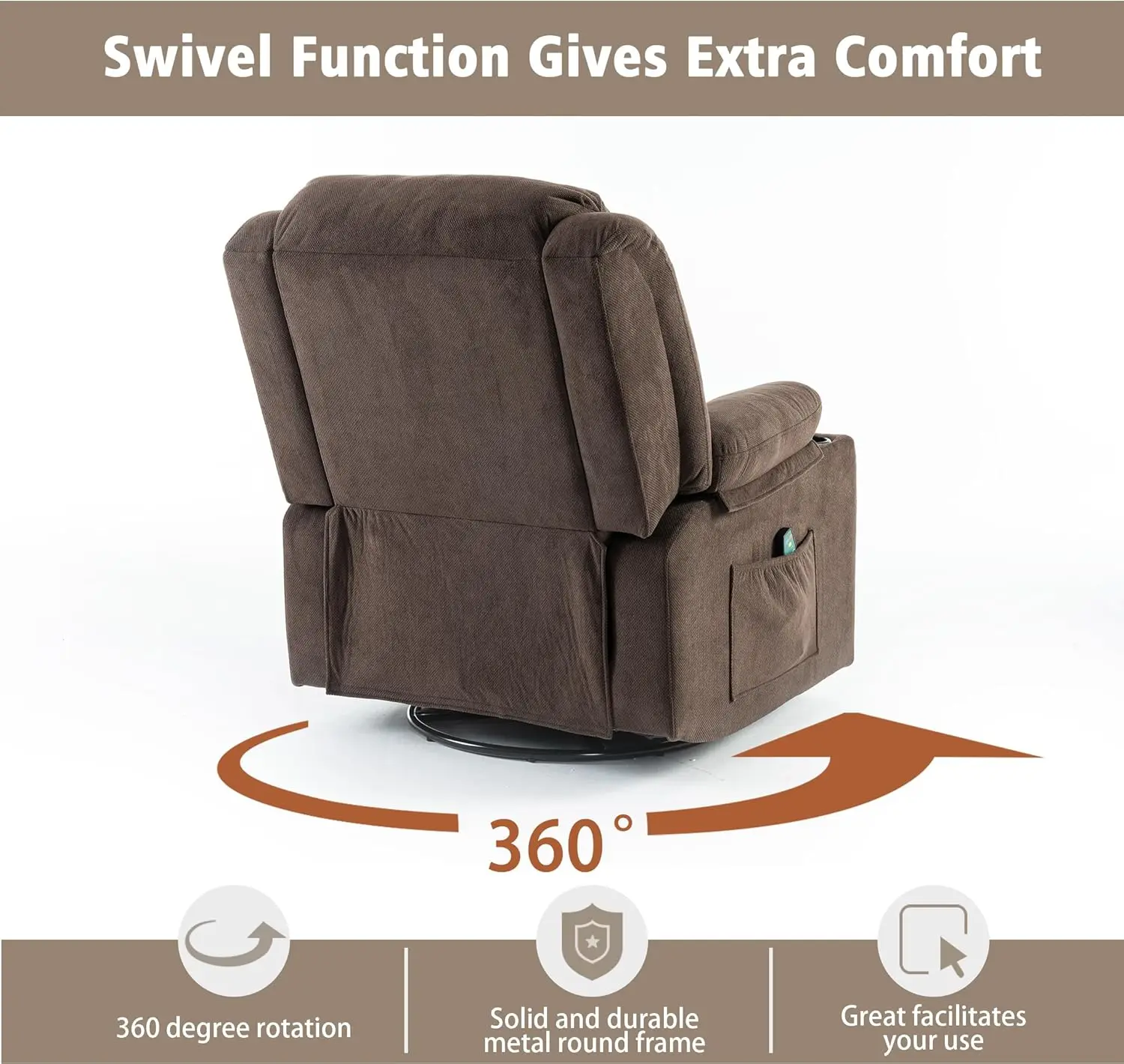Rocker Swivel Recliner Chair for Adults, Overstuffed Large Manual Recliner Glider with Massage and Heat Comfy Soft Fabric Living