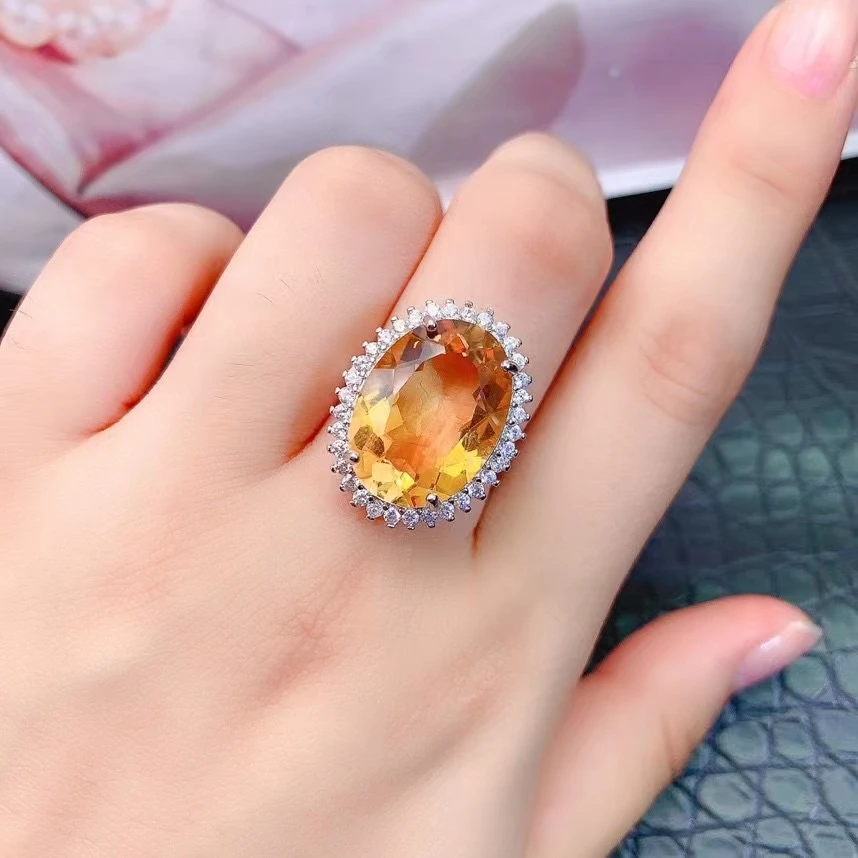 

Luxury Silver Crystal Ring for Wedding 13mm*18mm 15ct Natural Citrine Ring with 18K Gold Plating 925 Silver Citrine Jewelry