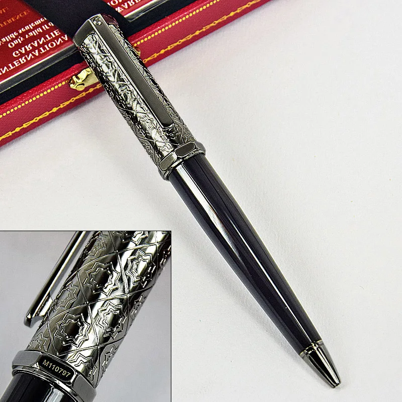 MBS Heptagon CT Santos-Dumont Metallic Black Snow Flower Luxury Metal Ballpoint Pen With Serial Number Silver / Black Trim santos