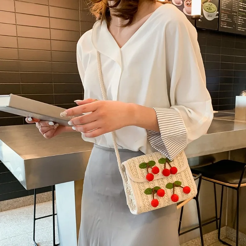 Imitation Grass Woven Small Bag Women's Cute Cherry Shoulder Bag Straw Beach Casual Handbags Girls Sweet Crossbody Bags