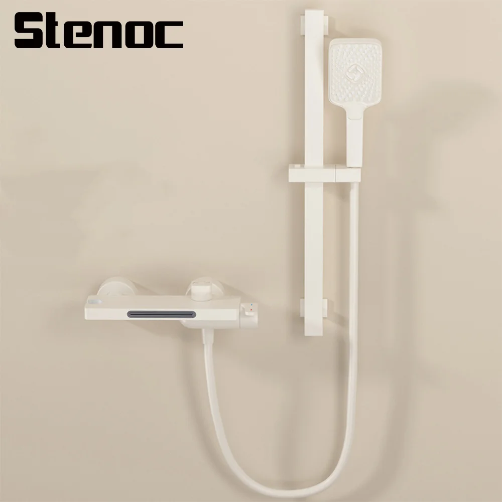 การออกแบบที่เรียบง่ายใหม่สามเกียร์น้ําตกสีขาวห้องน้ําระบบชุดทองเหลืองสีเทาร้อนและเย็นอ่างอาบน้ําชุดฝักบัวติดผนัง 1