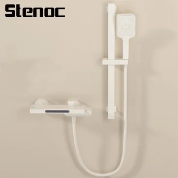 การออกแบบที่เรียบง่ายใหม่สามเกียร์น้ําตกสีขาวห้องน้ําระบบชุดทองเหลืองสีเทาร้อนและเย็นอ่างอาบน้ําชุดฝักบัวติดผนัง 1