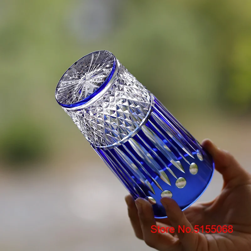 French Design Top Luxury Highball Whisky Glass Diamond Carving Royal Blue Crystal Wine Cup Whiskey Glass Water Drinking Tumbler