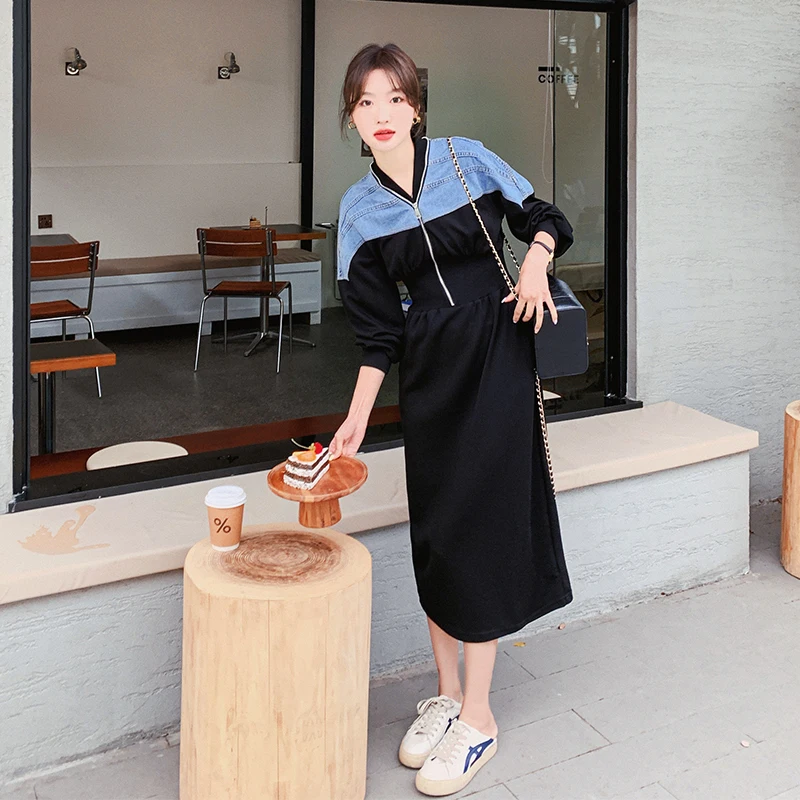 

Denim Spliced Waistband Hoodies Dress for Woemn 2023 Autumn Winter Long Sleeve Zipper Slim Fit Casual Trendy Dresses Female 8031