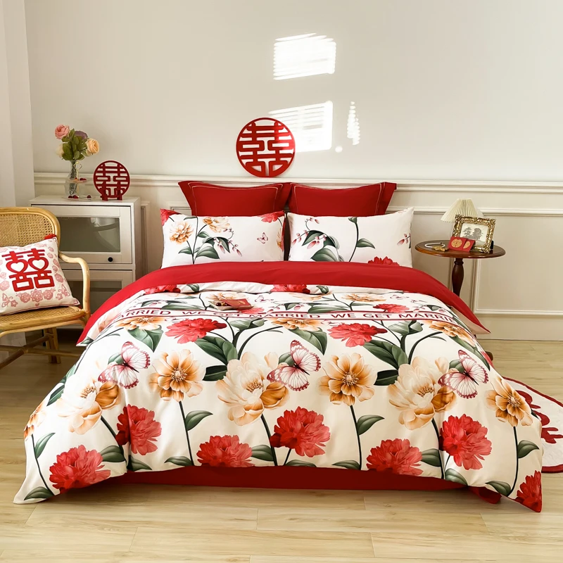 

Rose Flower Wedding Style Sanding Printing Process Bedding Set Duvet Cover Bed Linen Fitted Sheet Pillowcases Home Textiles