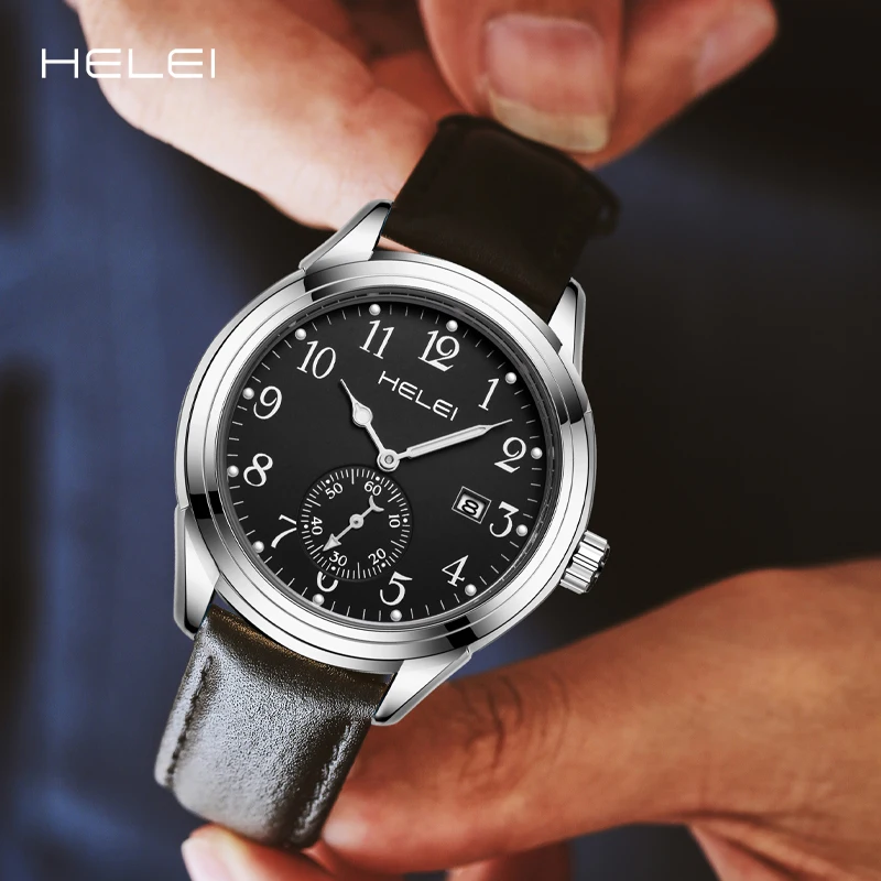 HELEI hot new 2024 men's watches leather strap quartz luminous business watches men's genuine watches gift for men