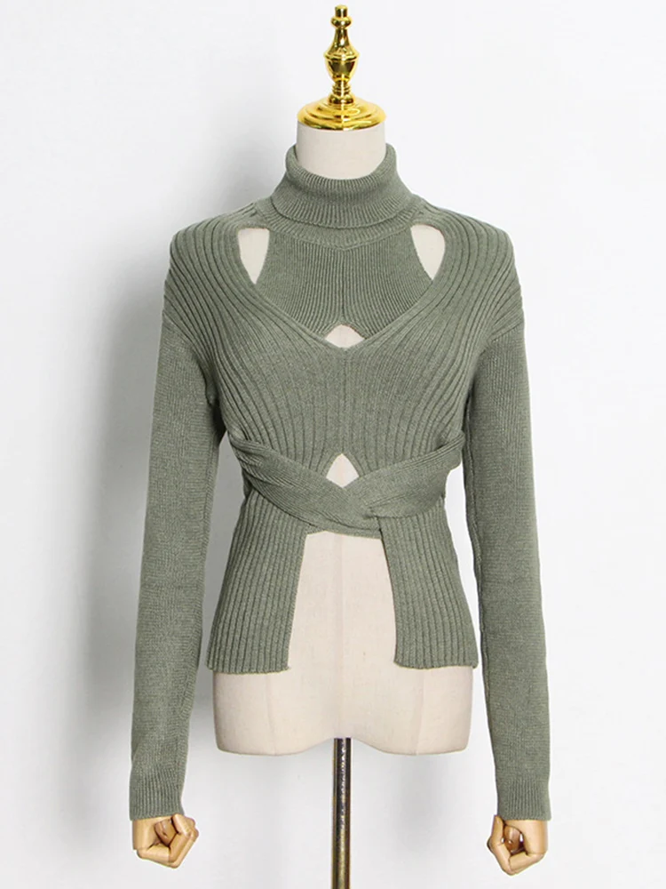 pullover sweater 22 Spring and Autumn Personality Asymmetric Sexy Hollow Split Splicing Slim Bow Tie High Neck Long Sleeve Sweater Sweater Sweaters Sweaters