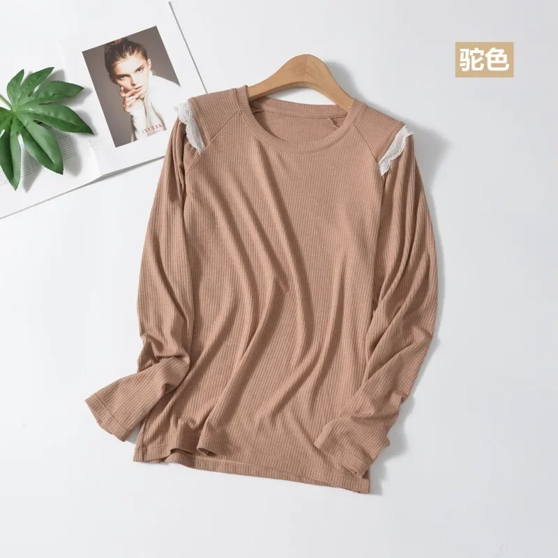

Loose shoulder lace stitching long sleeve t-shirt woman white