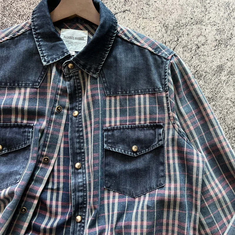 American Vintage Casual Colors Striped Patchwork Denim Shirts for Men Stylish Spring Autumn Clothes Y2k Youth Male Tops