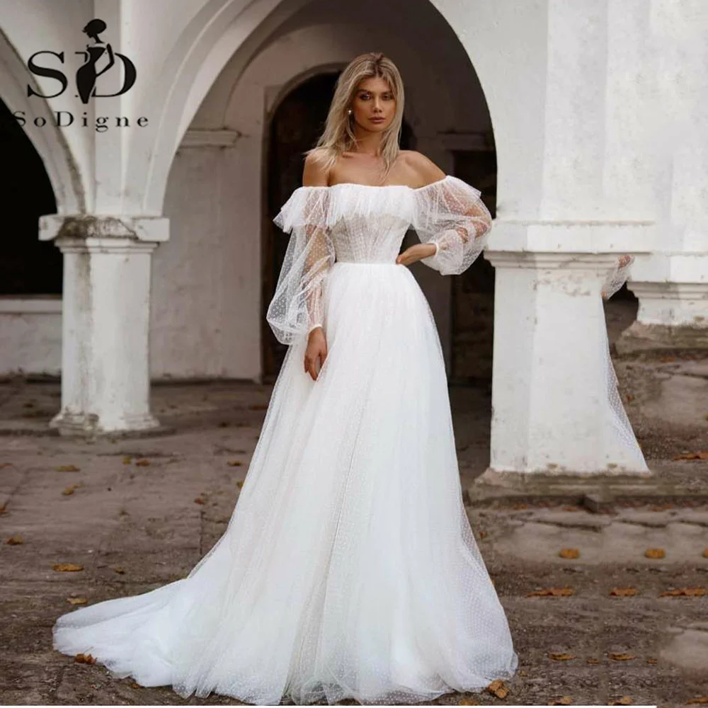 

SoDigne Boho Wedding Dress Off The Shoulder Vintage Princess Women Dotted Tulle Bride Dresses Vestido De Novia Custom Made