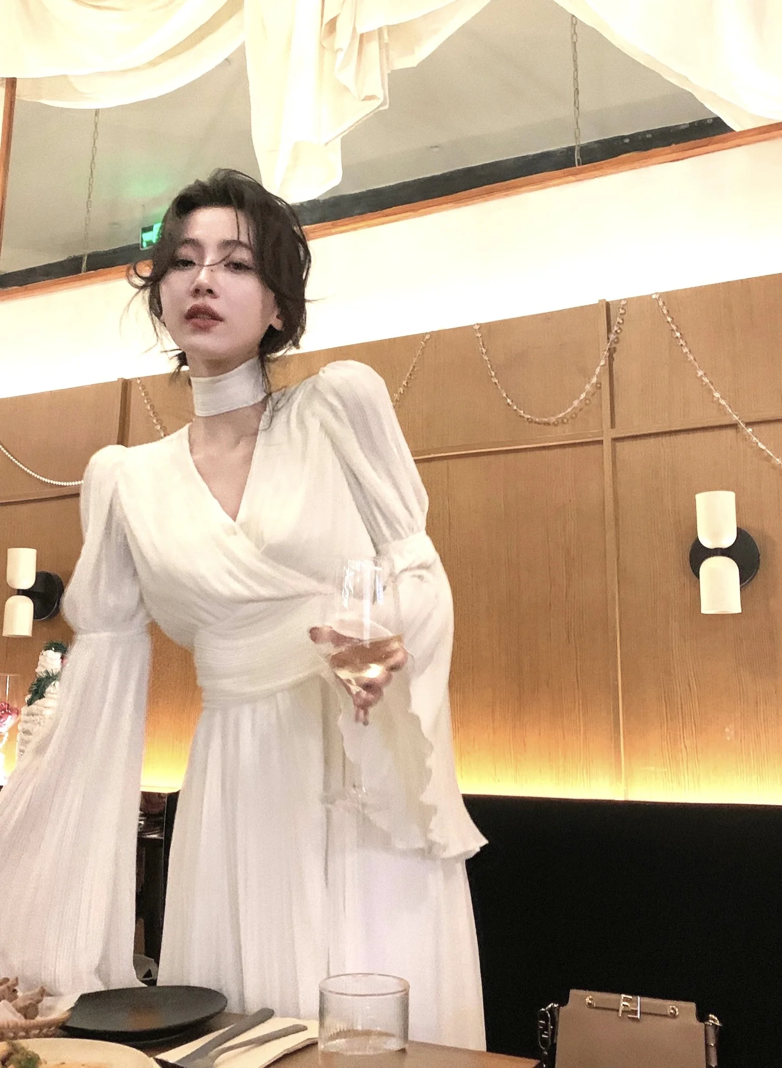 Autumn Solid Pleated Long Dresses for Women Halter V-neck Flare Sleeve Wedding Party Dress Korean Fashion One Piece Vestidos New