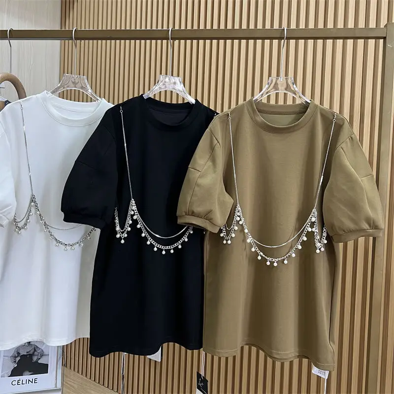 

EBAIHUI Solid Color Puff Sleeve Women T-shirt Chain Decoration Ladies Round Neck Short Sleeve Tee Summer Loose Unique Top