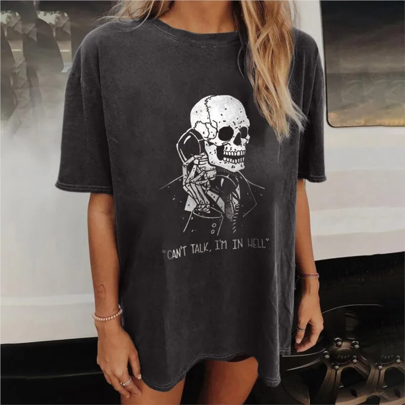 

Women's T-shirt Skull Print Loose Leisure Summer Short Sleeve O-Neck Kawaii Tee Shirts With Funny Femininity Clothing