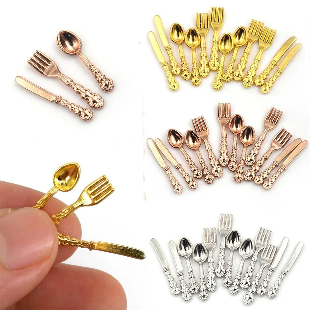 12PcsSimulationMiniCutlery112ScaleForkKnifeSpoonMetalMiniatureCookwareDollhouse