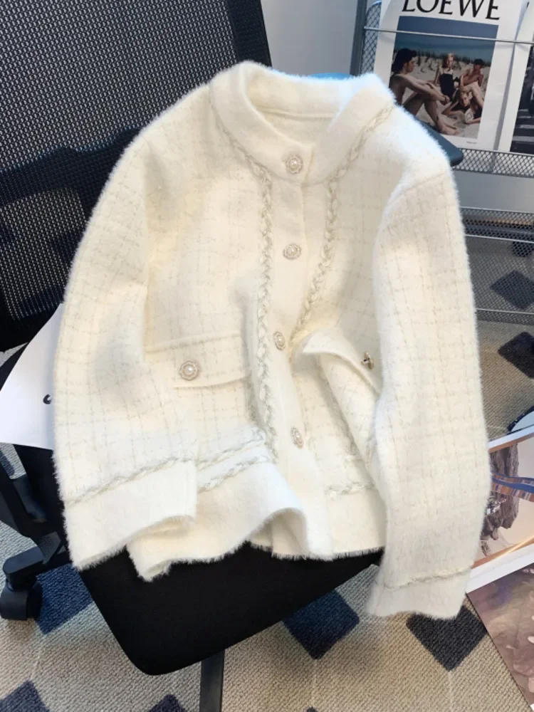 

Модное короткое пальто из норкового флиса, Женский вязаный свитер с длинным рукавом, Новый универсальный свободный клетчатый Маленький очаровательный Дамский кардиган, топы