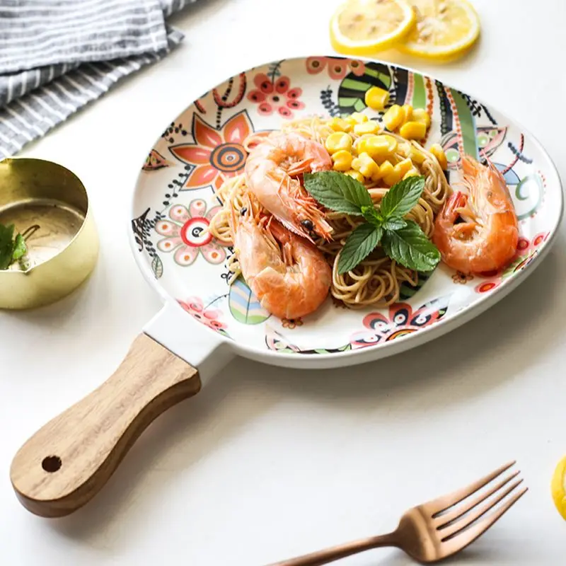 Ceramic Salad Plates with Handle Porcelain Dinner Plates Colorful Floral Pattern Serving Plate for Desserts Sandwiches Dishes 접시 dining dish