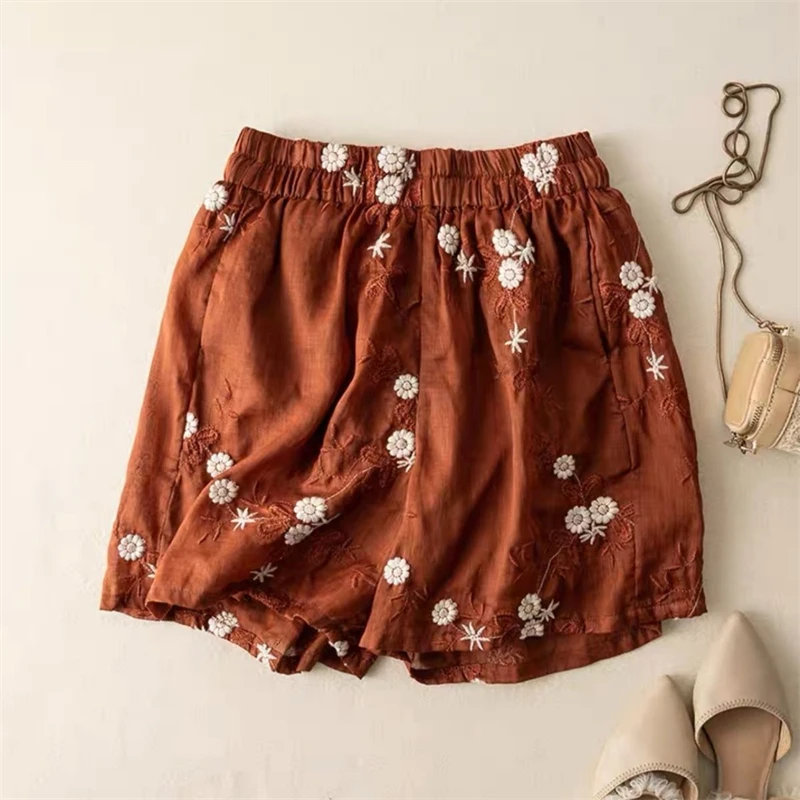 2024 Summer Women Vintage Ethnic Style Embroidery Cotton Linen Beach Shorts Female Casual High Waist Pockets Loose Short Pants