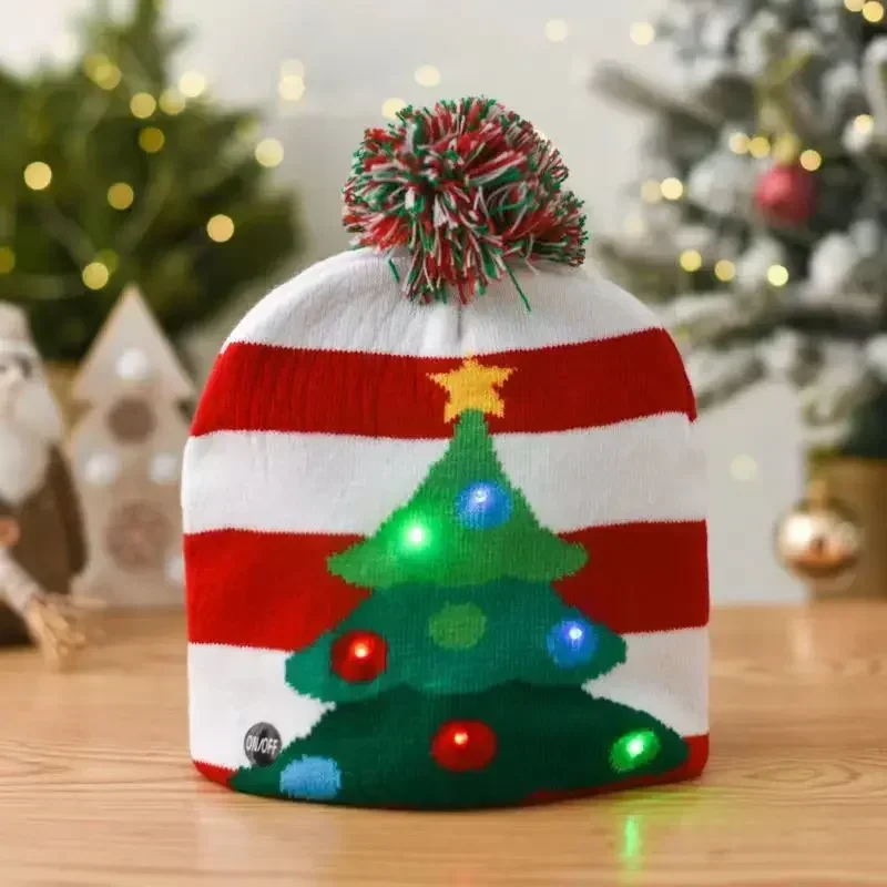 Christmas Hats Sweater Santa Elk Knitted Beanie Hat With LED Light Up Cartoon Patteren Christmas Gift For Kids New Year Supplies