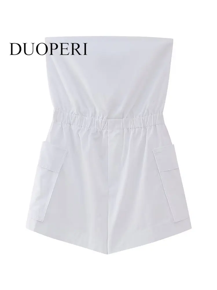 

DUOPERI Women Fashion With Pockets White Side Zipper Bodysuits Vintage Strapless Slash Neck Female Chic Lady Bodysuits