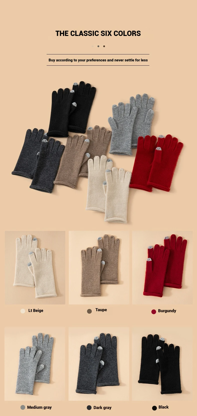 Ausgewählte Premium-Kaschmir-Strickhandschuhe für Damen, Finger-Touchscreen, 100 % Baby-Kaschmir, einfache Herbst-Winter-Thermohandschuhe – Detail 6